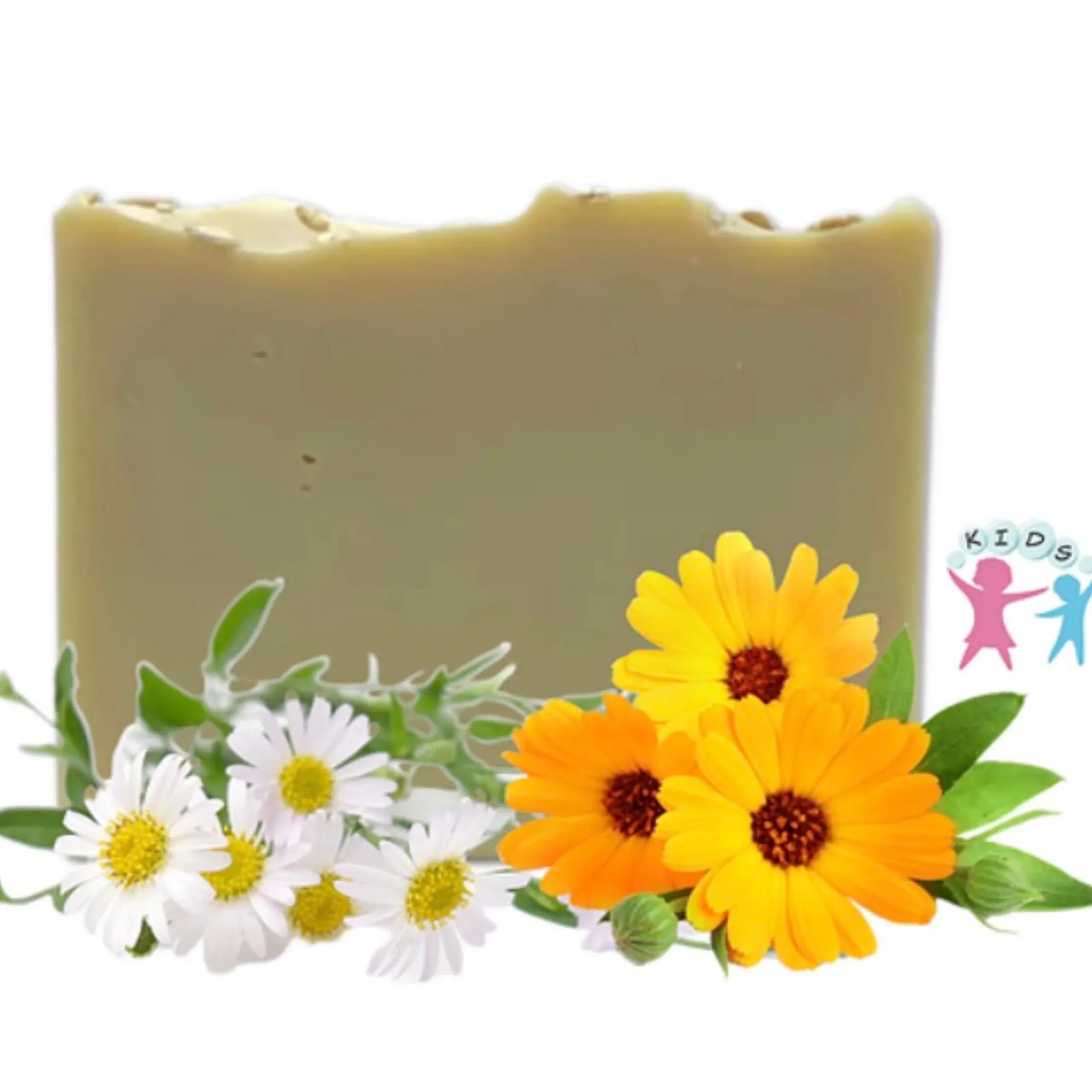 Shea Butter & Oatmeal Soap bar with a smooth beige surface, decorated with chamomile and calendula flowers in the foreground,