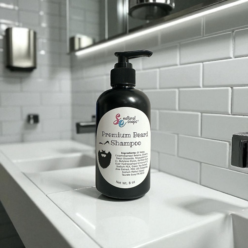 premium beard shampoo in a clean white bathroom setting