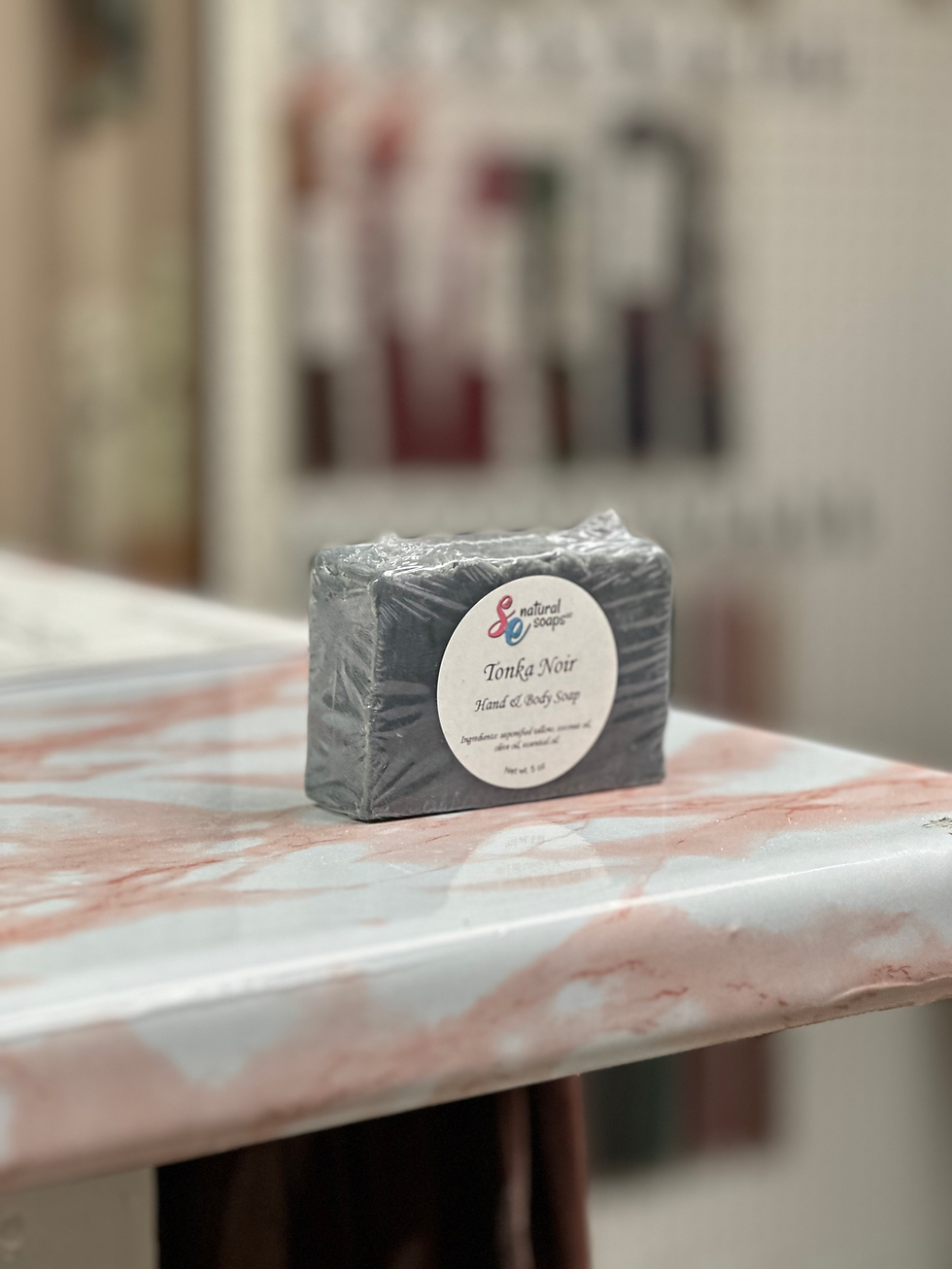 Front view of dark colored handmade soap by S&E Natural Soaps