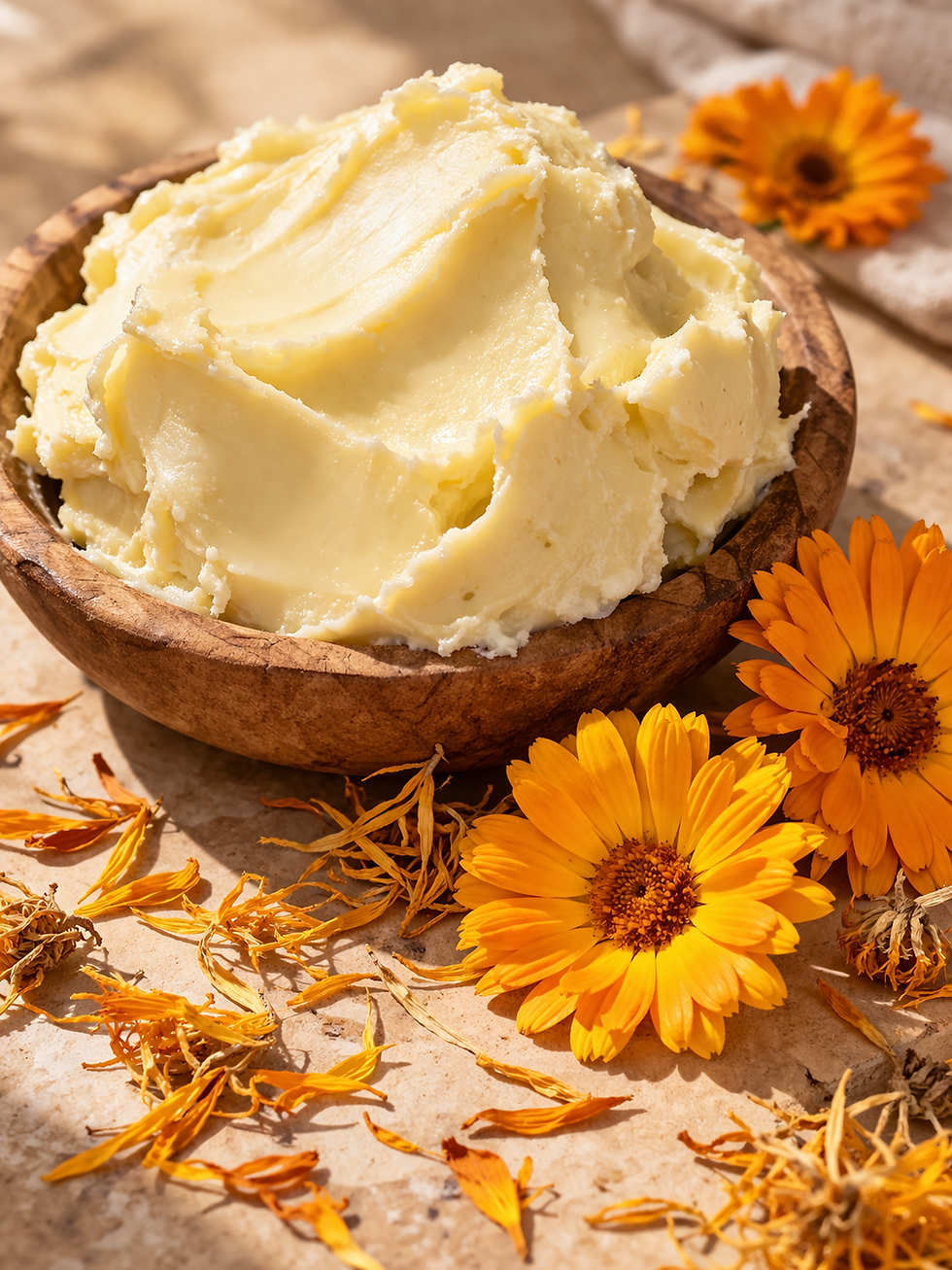 bowl of shea butter surrounded by calendula flowers