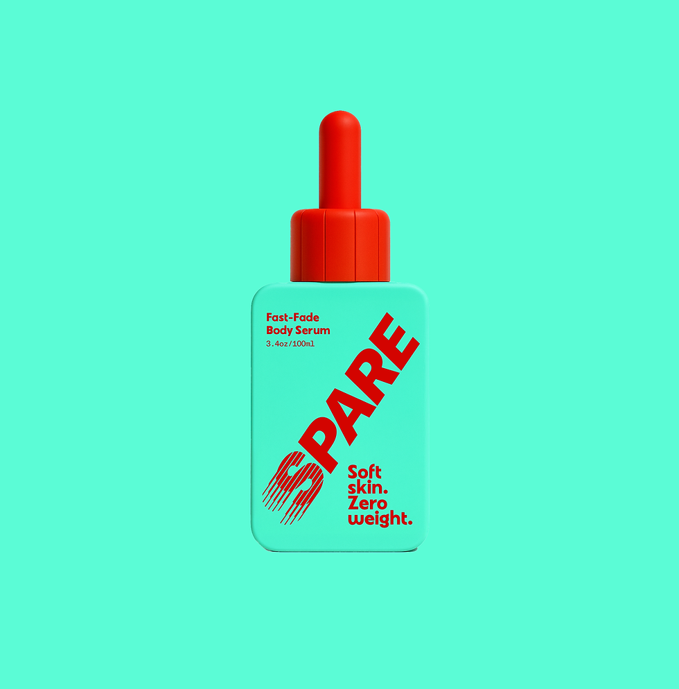 Spare Skincare Fast-Fade Body Serum in green bottle with red top on green background.