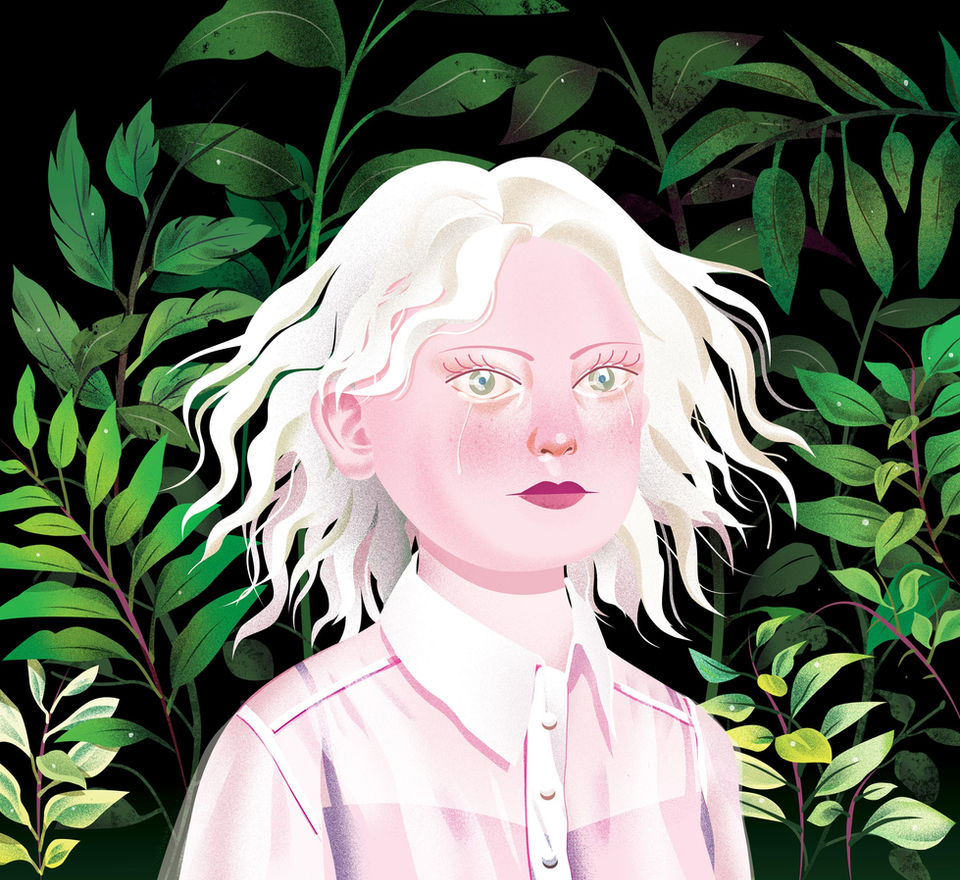 Woman with wavey white hair surrounded by leaves and foliage and crying alone.