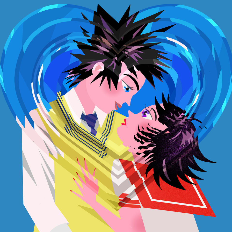 Valentine lovers looking at each other with a heart surrounding them.
