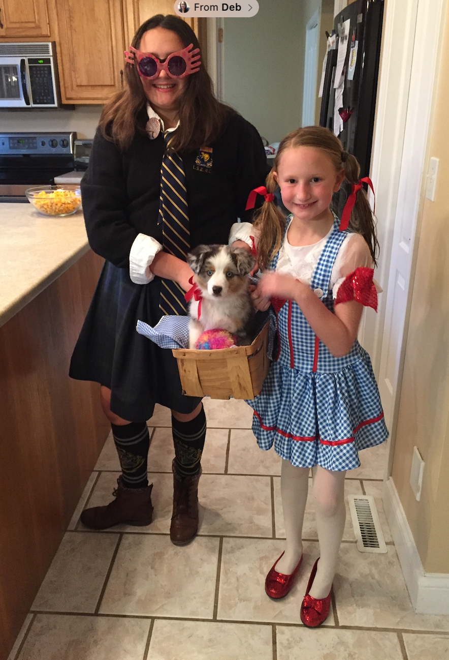 2 girls and a dog in costume. Luna Lovegood and Dorothy from wizard of Oz