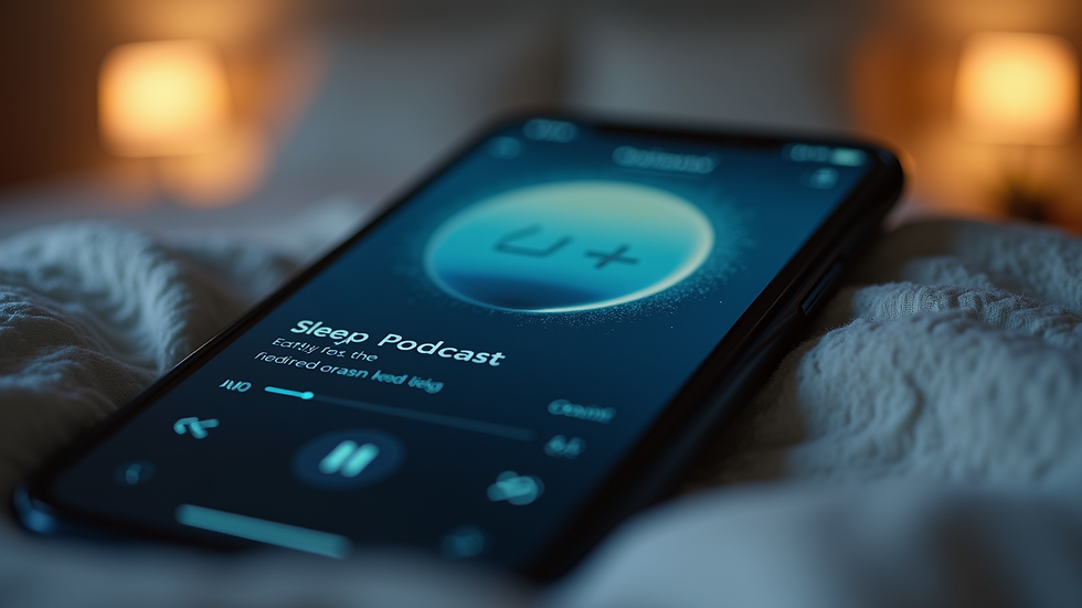 Close-up view of a smartphone screen showing a sleep podcast playing
