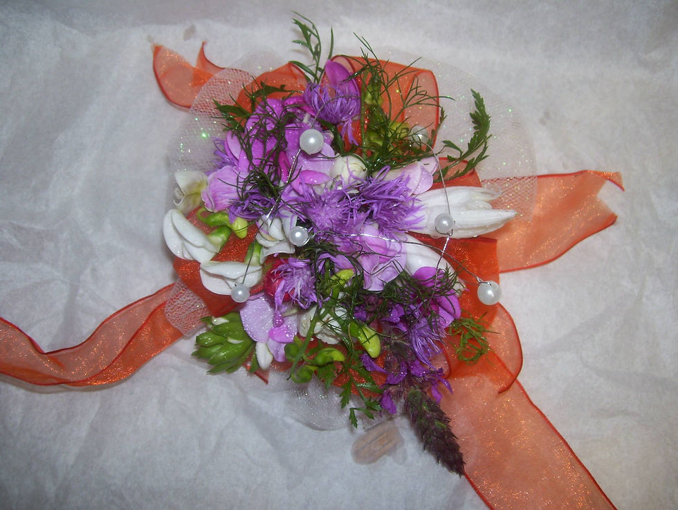 Sweet pea, dill and hosta blossom wrist corsage. Designs With Love, Archbold, OH