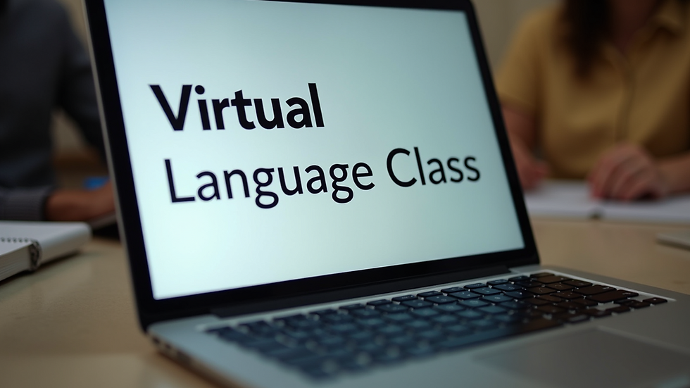 Eye-level view of a laptop displaying a virtual language class