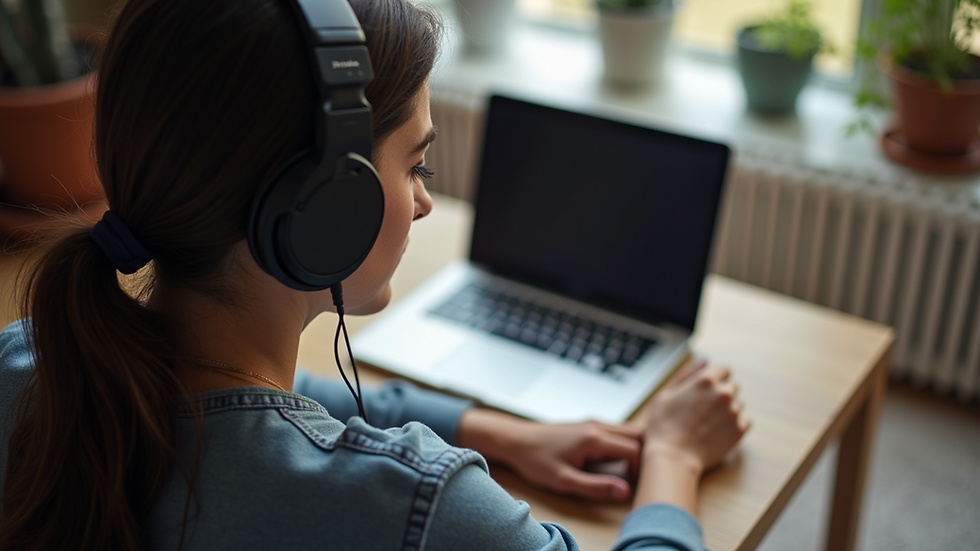 High angle view of a person using headphones and laptop for an online Spanish lesson