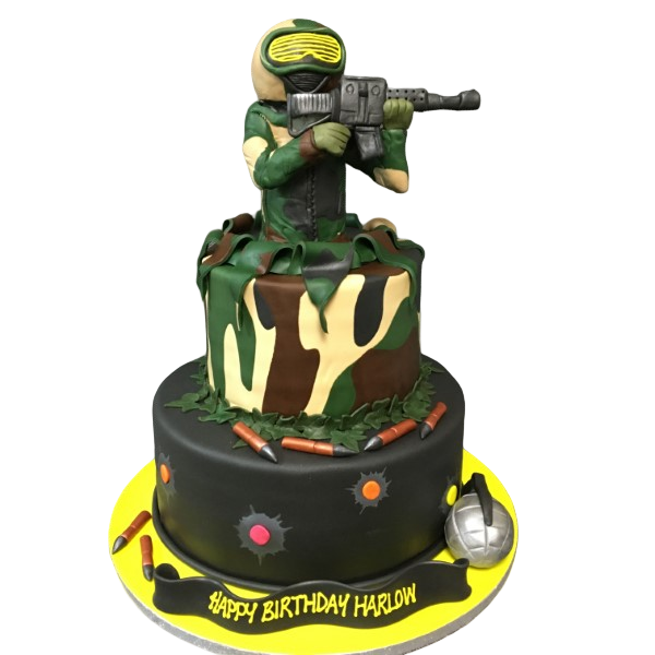 A creative army-themed cake featuring a paintballer military machine gunner design, perfect for military enthusiasts and special occasions.