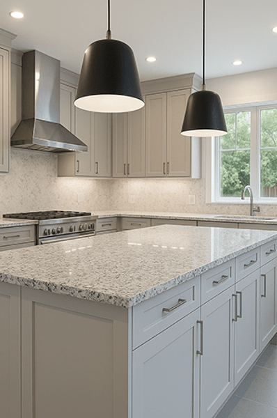 Kitchen design with Rockville White granite countertops and modern cabinetry.