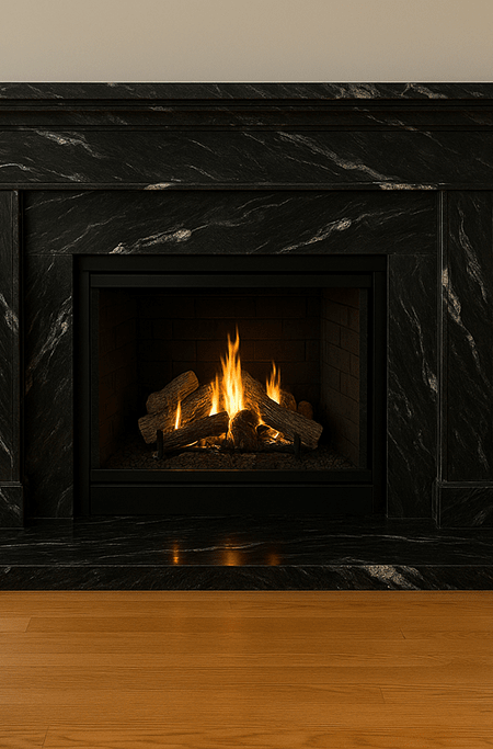 Luxurious fireplace surround made with Andes Black quartzite for a bold, dramatic look.