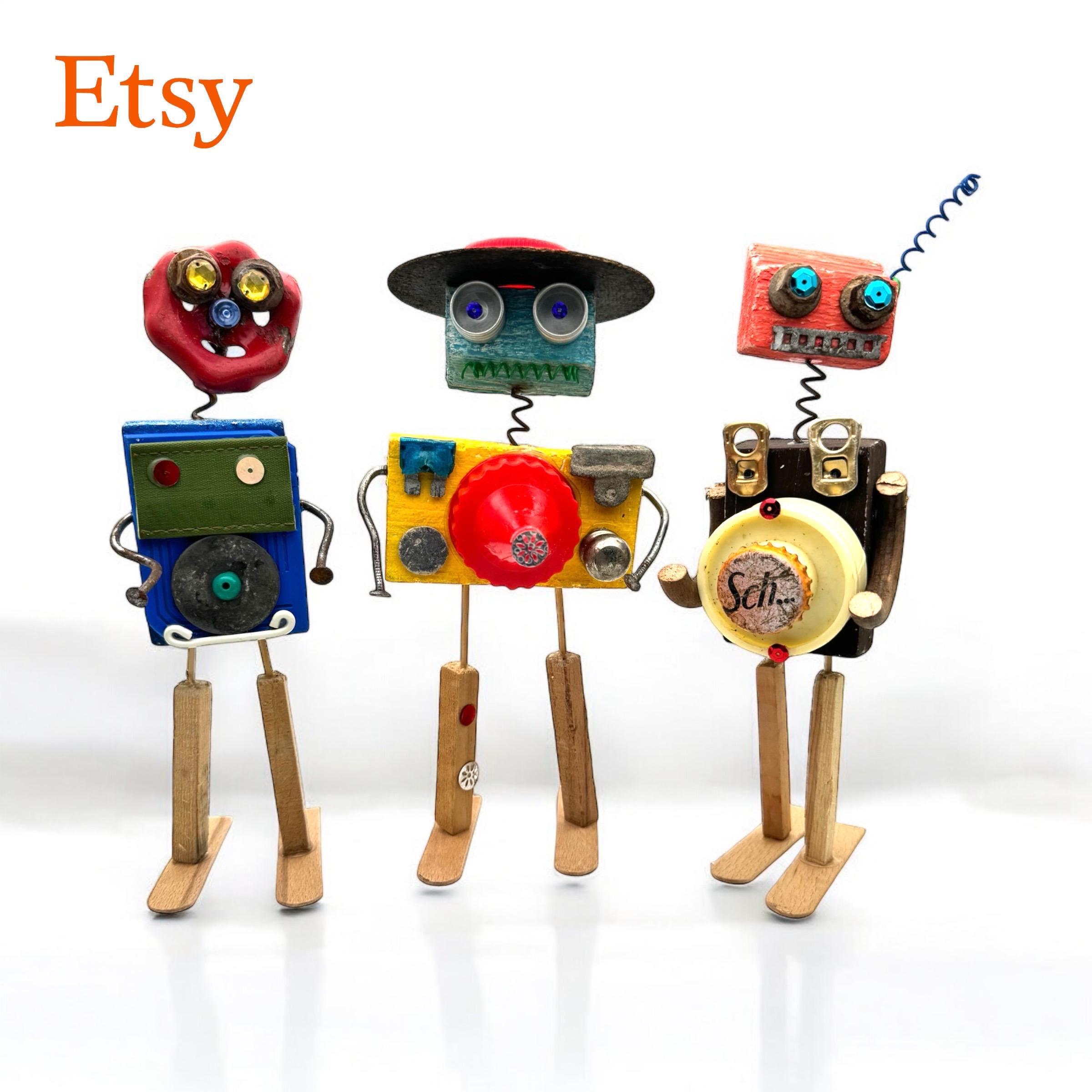 3 pcs Recycling Robots Handcrafted Vintage Retro Style Robot