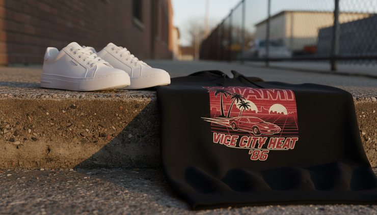 Low-angle view of sneakers beside a graphic hoodie on concrete steps.