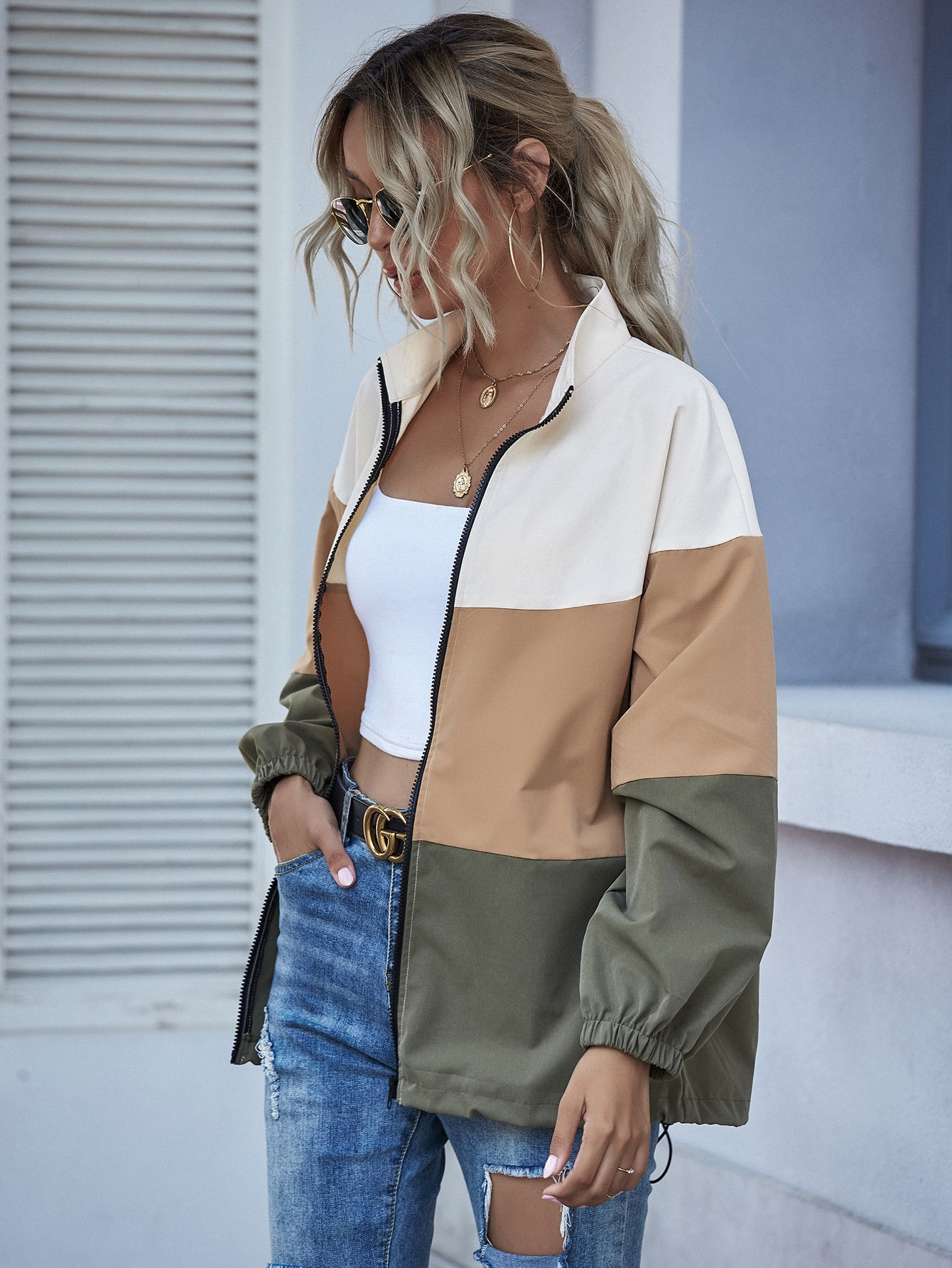 Three-Tone Funnel Neck Zipper Jacket