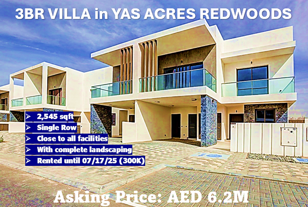 3-bedroom single row villa in Yas Acres Redwoods – 2,545 sqft, landscaped, rented until July 2025