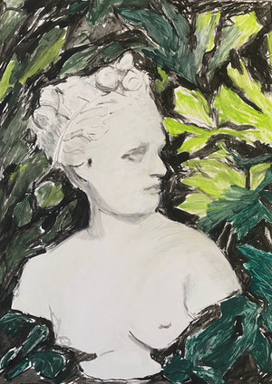 A white bust of a woman stands out starkly white against a dark leafy backdrop.