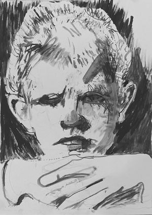 a balck and white painterly drawing of a boys face abstracted by various marks and textures