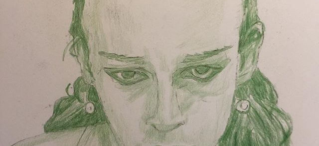 A woman looking sad, rendered in green coloured pencil
