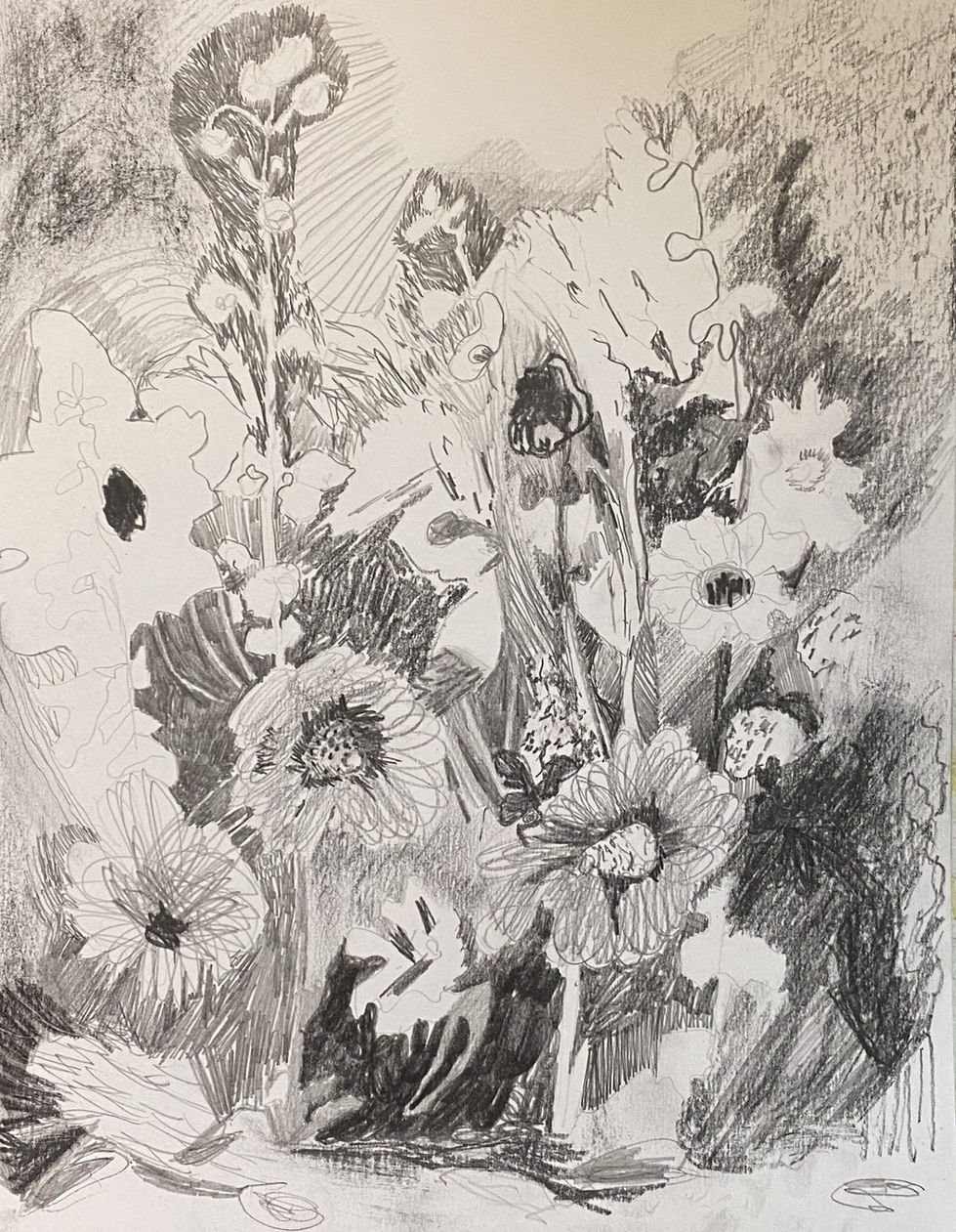 A chaotic garden drawn in various levels of detail
