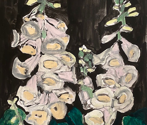 2 large (and one less developed) hollyhock spears glow pail pink white and gold against a black background.