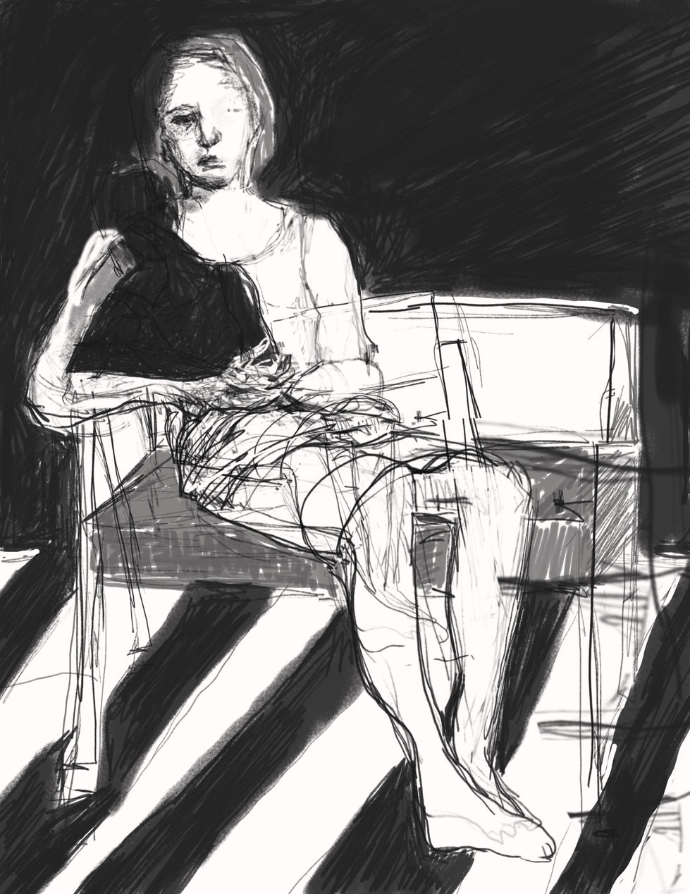 A sad looking woman drawn in a sketch-like manner, against a daek background she is illuminated by TV light.