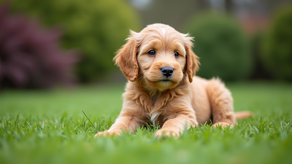 Close-up view of a mini Goldendoodle puppy sitting on a lawn