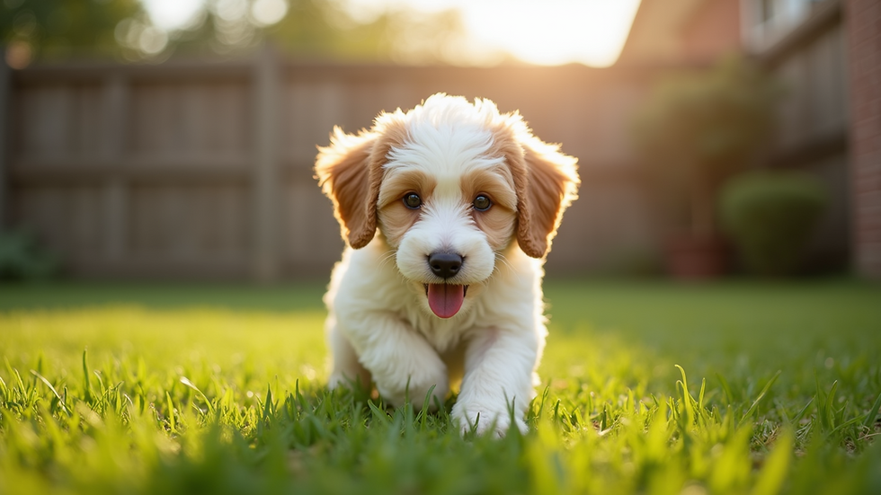 Eye-level view of a Mini Sheepadoodle puppy playing in a grassy yard