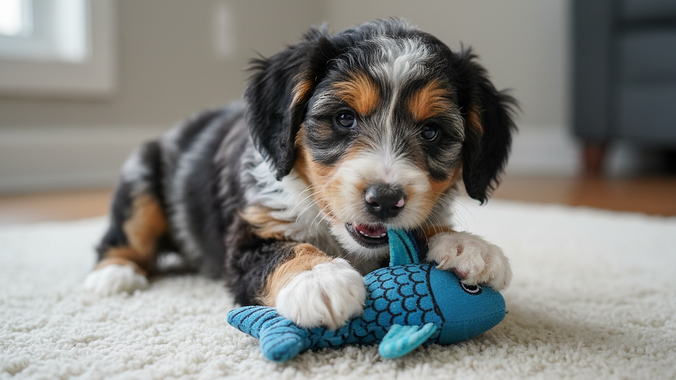 Close-up view of a mini Goldendoodle puppy playing with a toy indoors