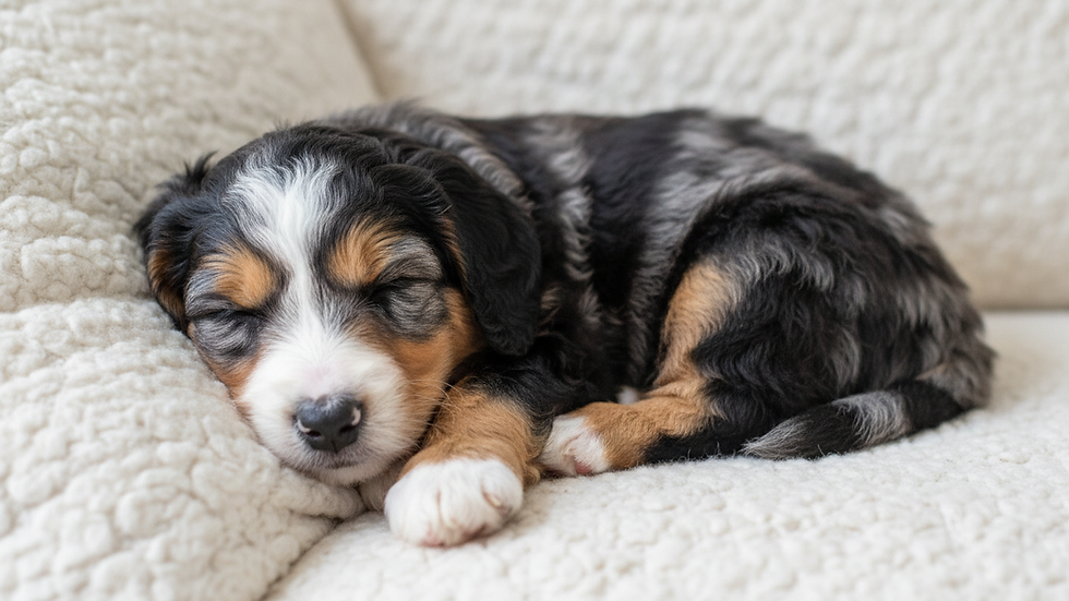 Close-up view of a calm mini doodle puppy resting on a soft cushion