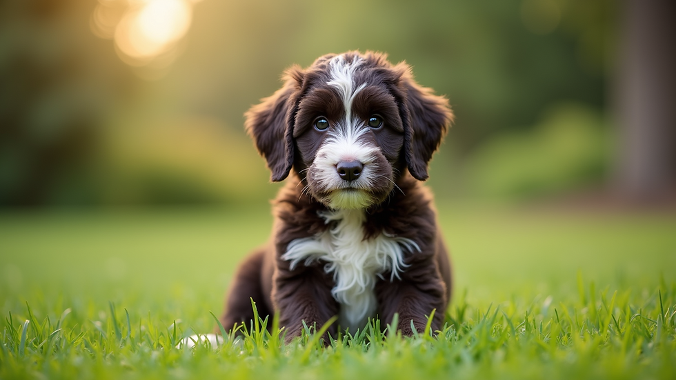 Eye-level view of a Mini Sheepadoodle puppy sitting on a grassy lawn