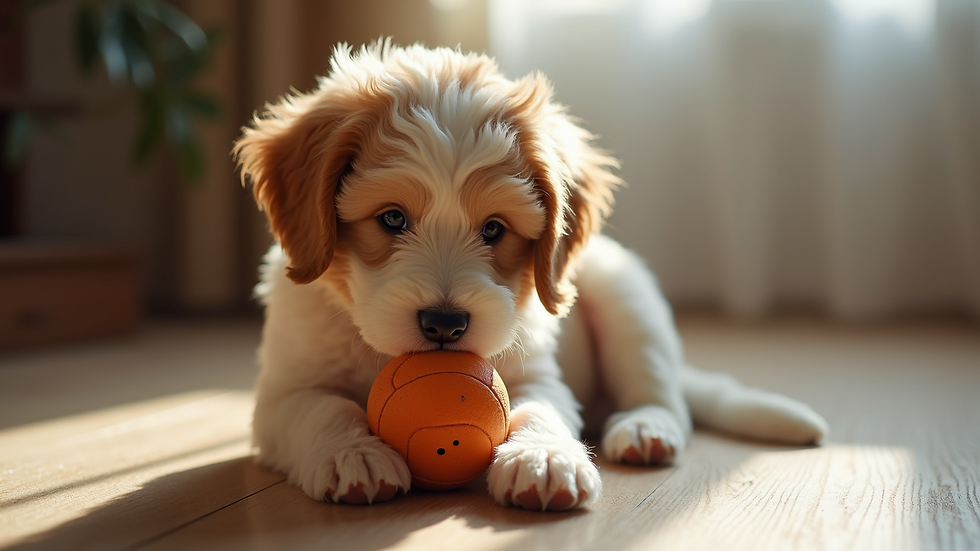 Close-up view of a Mini Sheepadoodle puppy playing with a toy indoors