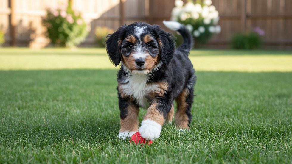 Eye-level view of a mini doodle puppy playing in a grassy backyard