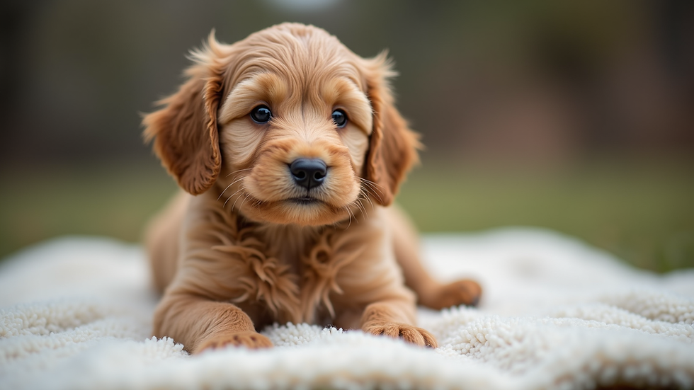 Eye-level view of a mini Goldendoodle puppy sitting on a cozy blanket