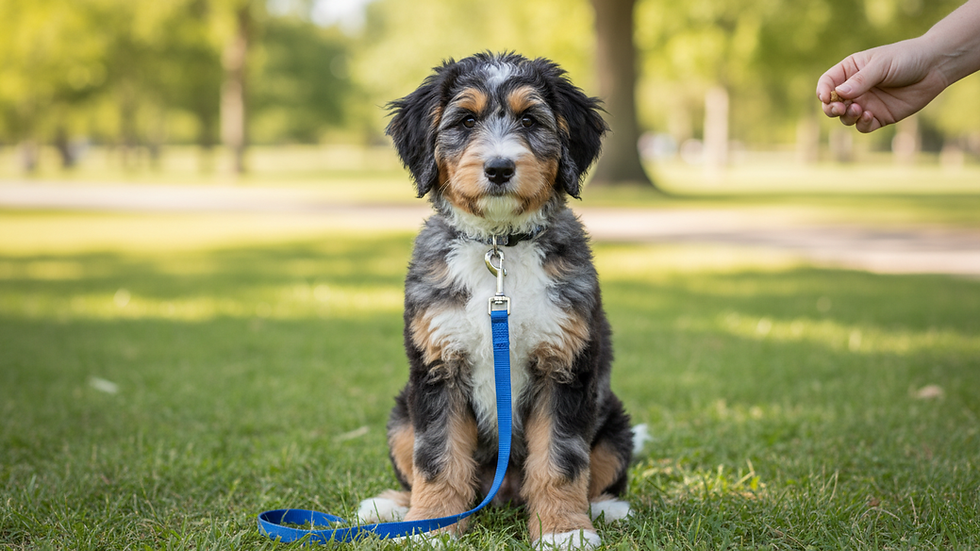 Eye-level view of a Bernedoodle puppy sitting attentively during training