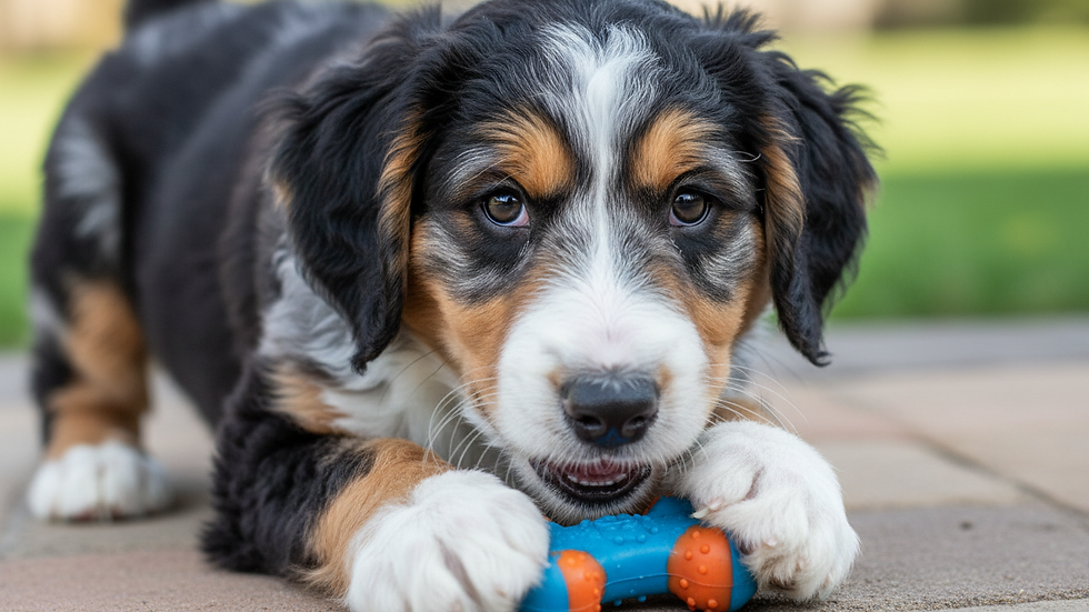 Close-up view of a Bernedoodle puppy playing with a training toy
