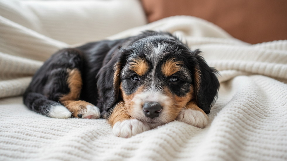 Close-up view of a mini doodle puppy resting on a cozy blanket