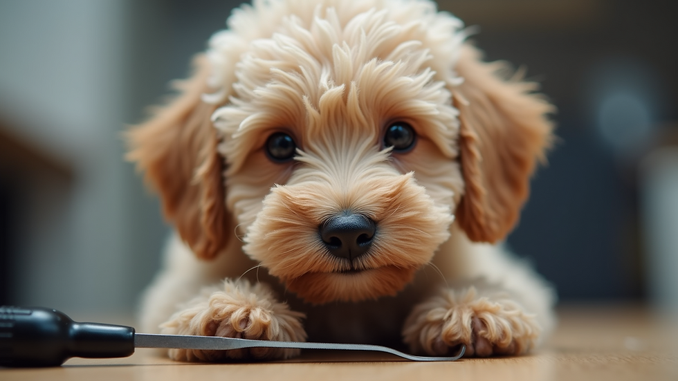 Eye-level view of grooming tools and a Mini Doodle puppy's curly coat