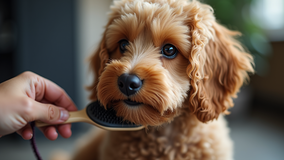 Close-up view of a mini Goldendoodle’s curly coat being brushed