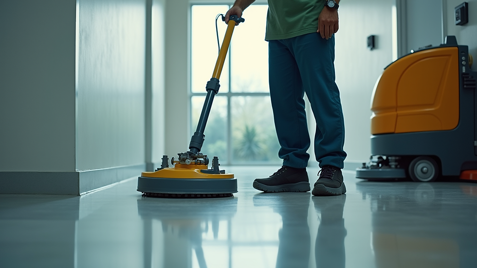 High angle view of a janitor cleaning a commercial floor with a floor scrubber machine