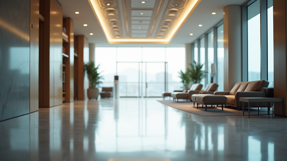 Eye-level view of a commercial office lobby with polished floors and clean furniture