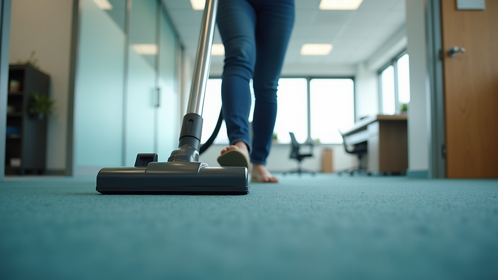 Eye-level view of a professional cleaner vacuuming an office carpet
