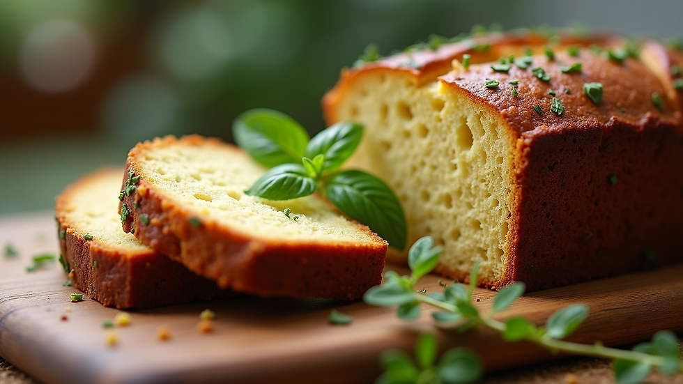 Eye-level view of a slice of zucchini bread with fresh herbs