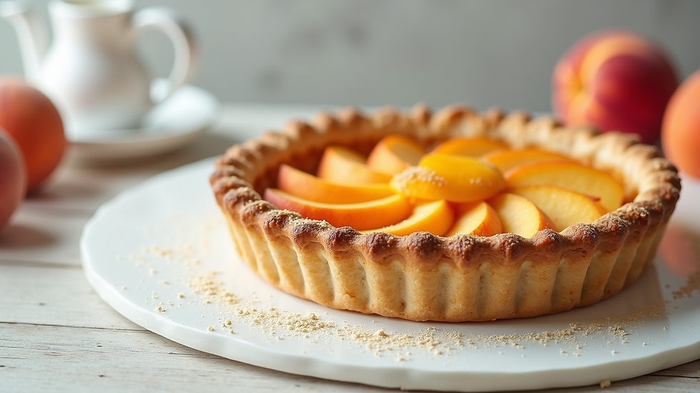 High angle view of a freshly baked peach pie on a white table