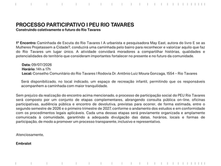 Nota sobre o evento da EMBRALOT a respeito do PEU Refúgio do Campeche