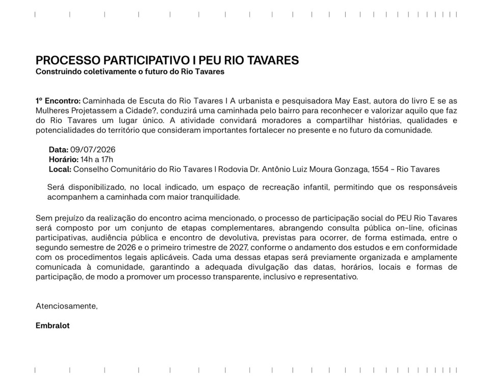 Carta de convite enviada pela Embralot para a comunidade