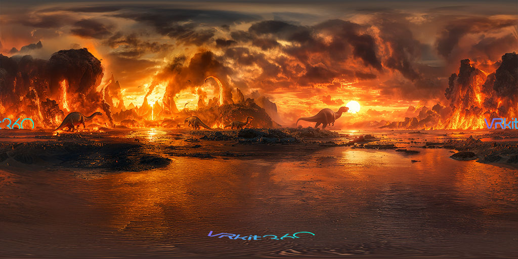 Dinosaurs roaming volcanic landscape 8k VR