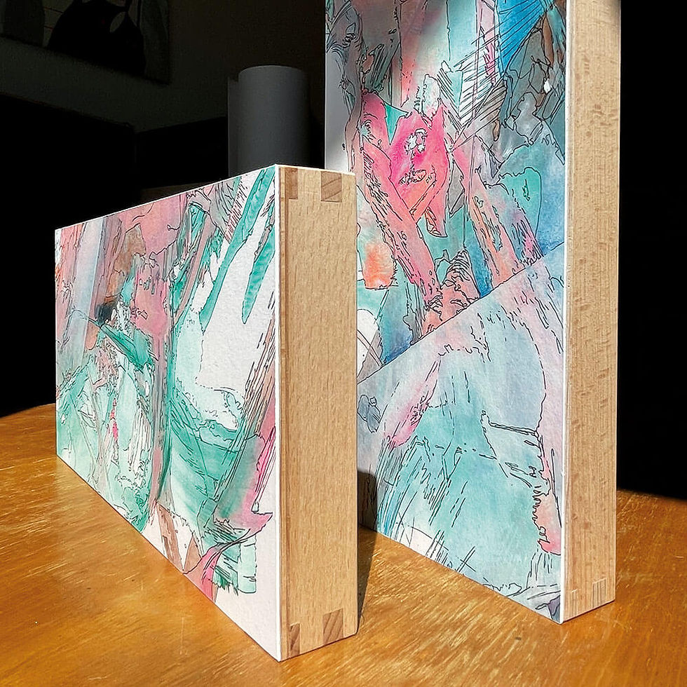 Finalized flow motifs on wooden panels