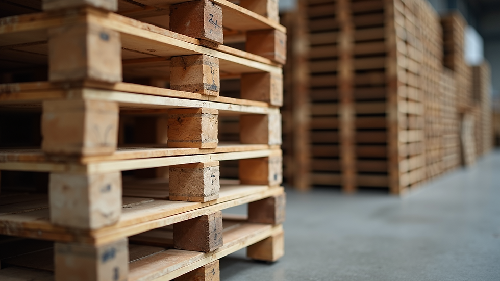 Close-up view of a stack of wooden shipping pallets ready for delivery