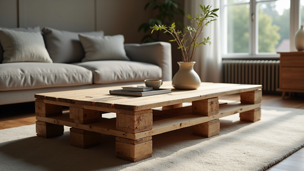 Eye-level view of a wooden pallet transformed into a stylish coffee table