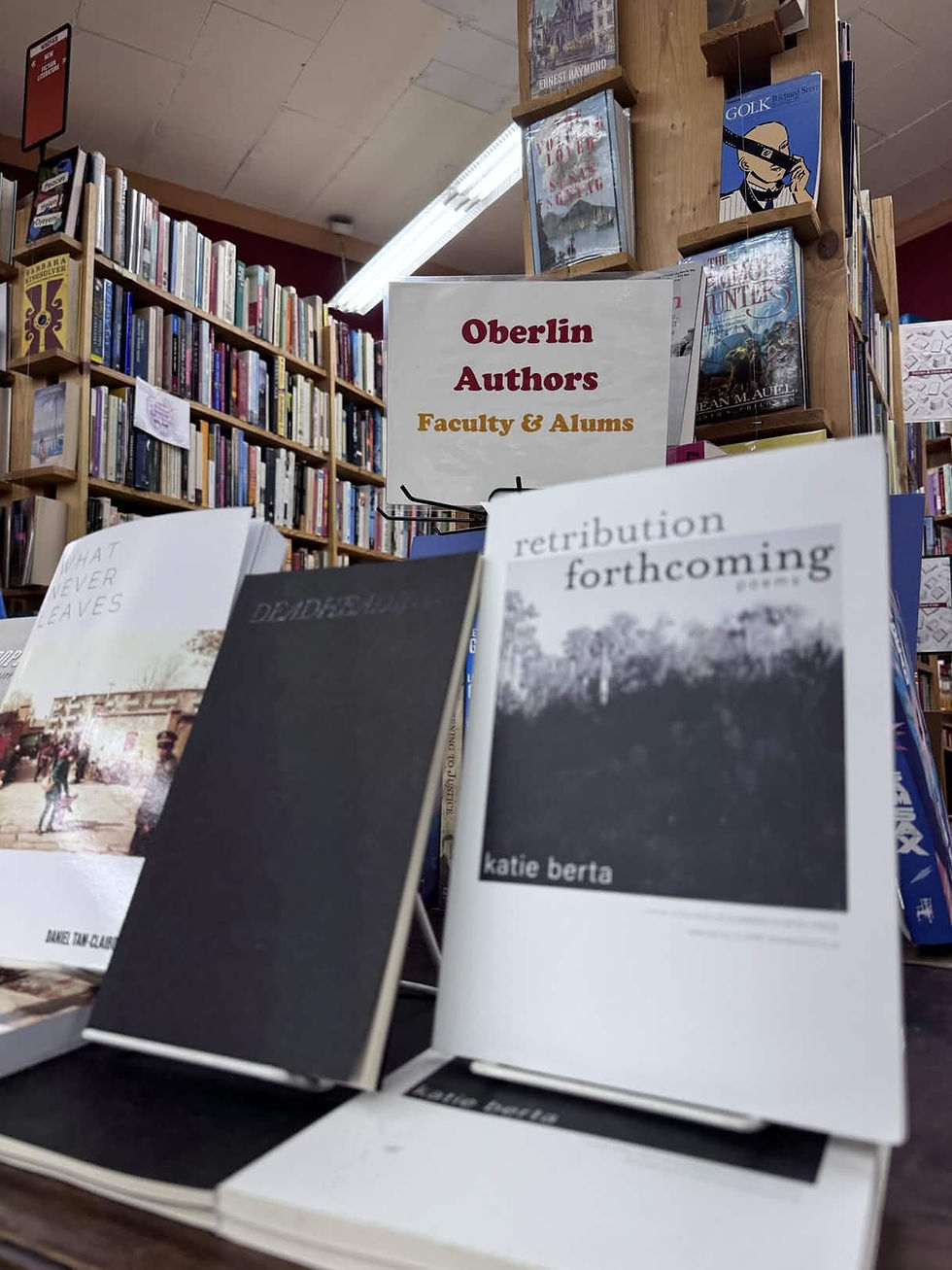 Close-up of a local poetry book cover with artistic design on a wooden table